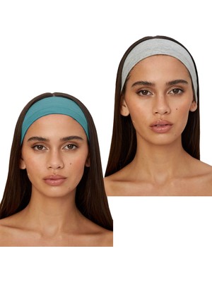 Salvia Dione 2'li Pamuklu Esnek Yoga Bandana Koşu Bandı Saç Bantları Gym Pilates Saç Bandı - Makyaj Yüz Yıkama Saç Aksesuarları - Sporcu Saç Bandı Seti Gri Melanj & Turkuaz