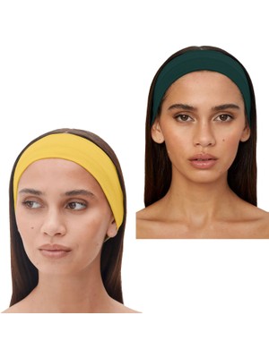 Salvia Dione 2'li Pamuklu Esnek Yoga Bandana Koşu Bandı Saç Bantları Gym Pilates Saç Bandı - Makyaj Yüz Yıkama Saç Aksesuarları - Sporcu Saç Bandı Seti Koyu Yeşil & Koyu Sarı