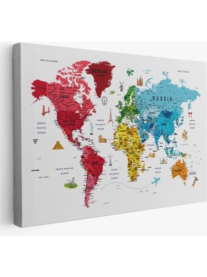Acoula   Dünya Haritası Son Derece Ayrıntılı Eğitici  ve Sembollü Dekoratif Kanvas Tablo 3223