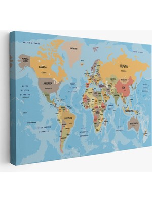 Acoula   Türkçe Dünya Haritası Ülke Başkentli ve Okyanuslu Dekoratif Kanvas Tablo 2228