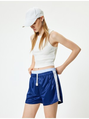 Koton Mini Şort Biyeli Çift Bel Detaylı Bağcıklı Renk Bloklu Parlak Pike Kumaş