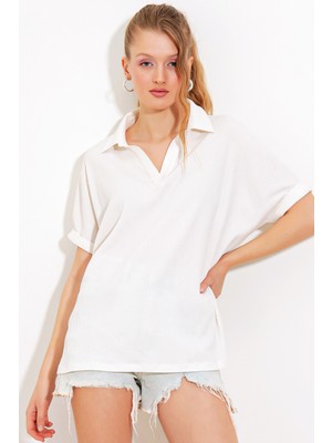 Bigdart Kadın Beyaz Oversize Polo Yaka Örme Bluz 0486