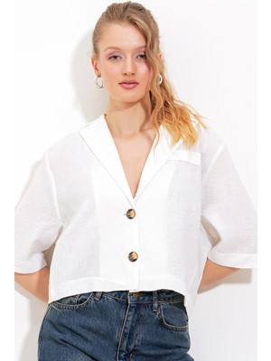 Bigdart Kadın Beyaz Çift Düğmeli Oversize Crop Keten Ceket 0706