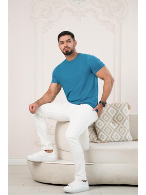 San&Fa Bisiklet Yaka Desenli Modal Kumaş Likralı Regular Fit Triko T-Shirt