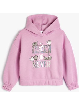 Koton Kapşonlu Sweatshirt Kedi Baskılı Uzun Kollu Pullu Payetli