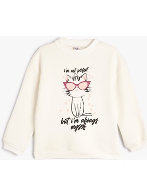 Koton Oversize Sweatshirt Kedi Baskılı Bisiklet Yaka Uzun Kollu Pamuklu