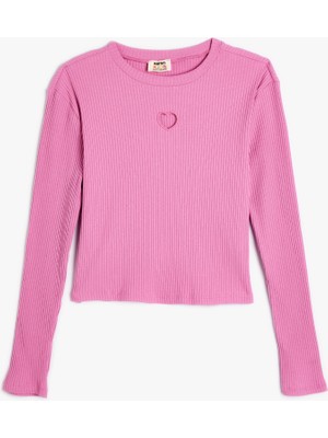 Koton Kız Çocuk Basic Crop Tişört Uzun Kollu Pembe Kalp Pencere Detaylı Günlük Stil