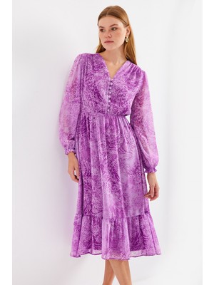 Bigdart 2137 Desenli Şifon Elbise - Koyu Lila