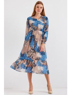 Bigdart 2137 Desenli Şifon Elbise - A.mavi