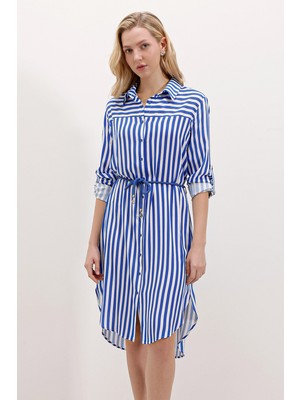 Bigdart 5629 Çizgili Kemerli Elbise - Saks