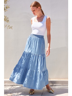 Bigdart 8022 Volanlı Uzun Kot Etek - Mavi