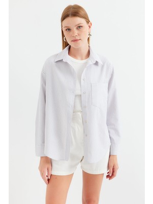 Bigdart 20212 Tek Cepli Çizgili Oversize Gömlek - Bej