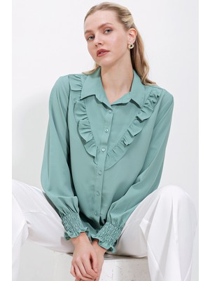 20223 Fırfırlı Uzun Kol Gömlek - Çağla