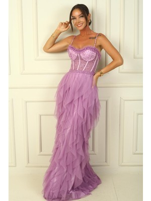 By Saygı Boncuk Ip Askılı Straplez Mendil Saçaklı Astarlı Uzun Tül Elbise