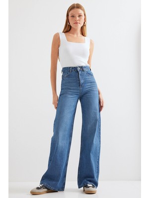 Bigdart Kadın Bol Paça Yüksek Bel Lacivert Palazzo Kot Pantolon 6656