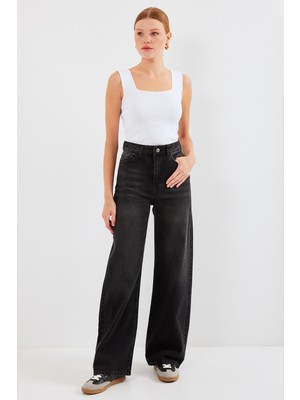 Bigdart Kadın Bol Paça Yüksek Bel Palazzo Kot Pantolon 6656 - Siyah