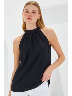 Bigdart 0489 Halter Yaka Örme Bluz - Siyah