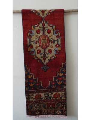 DesignEv 55X256 cm Kırmızı Renkli El Dokuma Yolluk Yün Anadolu Kilim