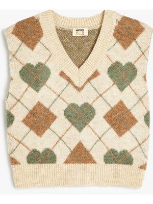 Koton Kız Çocuk V Yaka Ekru Triko Süveter Baklava Desenli Günlük Stil Kolsuz