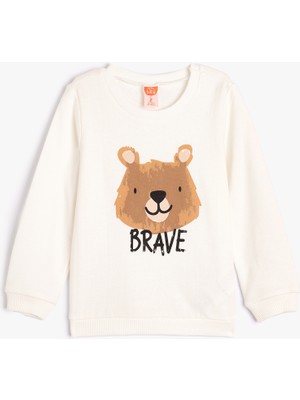 Koton Sweatshirt Ayıcık Baskılı Uzun Kollu Bisiklet Yaka Şardonlu Pamuklu