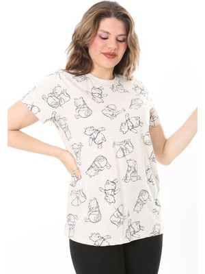 Şans Kadın Büyük Beden Renkli Pamuklu Kumaş Kısa Kollu Baskılı Bluz 65N38035