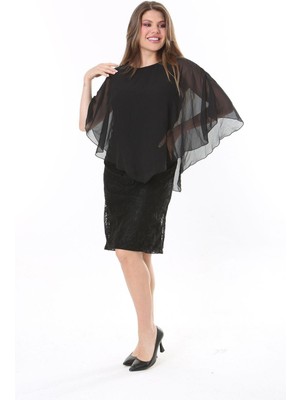 Şans Kadın Büyük Beden Siyah Şifon Pelerinli Astarlı Dantel Elbise 65N37773
