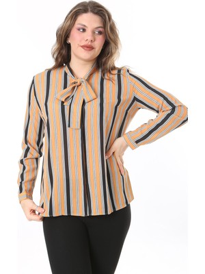 Şans Kadın Büyük Beden Sarı Yakası Fular Bağlamalı Çizgili Bluz 65N38018