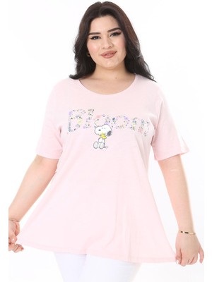 Şans Kadın Büyük Beden Pembe Pamuk Kumaş Ön Baskılı Kısa Kollu Bluz 65N38014