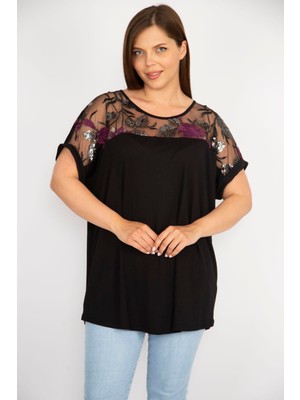 Şans Kadın Siyah Büyük Beden Robası Tül Aplike Ve Pul Detaylı Bluz