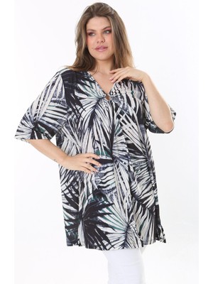 Şans Kadın Büyük Beden Renkli Göğsü Toka Büzgülü V Yakalı Kısa Kollu Tunik 65N37796