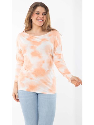 Şans Kadın Büyük Beden Oranj Batik Desenli Uzun Kol Kollu Bluz 65N37363