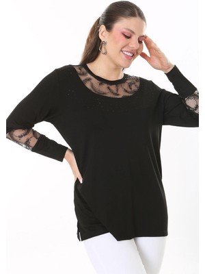 Şans Kadın Büyük Beden Siyah Taş Ve Pul Payet Tül Detaylı Uzun Kollu Bluz 65N37693