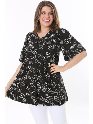 Şans Kadın Büyük Beden Siyah Önü A Pileli V Yakalı Tunik 65N37793