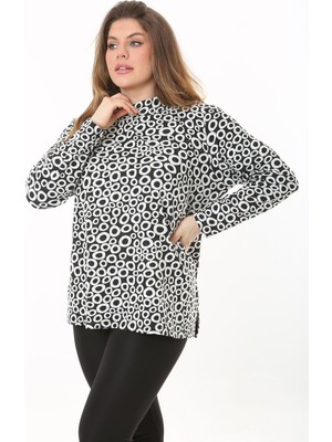 Şans Kadın Büyük Beden Siyah Sıfır Yaka Yan Yırtmaçlı Uzun Kollu Tunik 65N37502