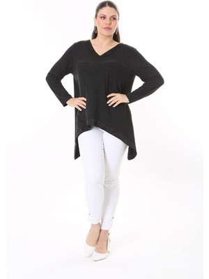 Şans Kadın Büyük Beden Antrasit Yaka Ve Etek Ucu Saten Garnili Uzun Kollu Bluz 65N37686