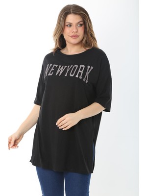 Şans Kadın Büyük Beden Siyah Taş Ve Sim Detaylı Yan Yırtmaçlı Bluz 65N37466