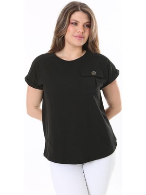 Şans Kadın Büyük Beden Siyah Rahat Kesim Göğüs Cepli Kısa Kollu Bluz 65N37856
