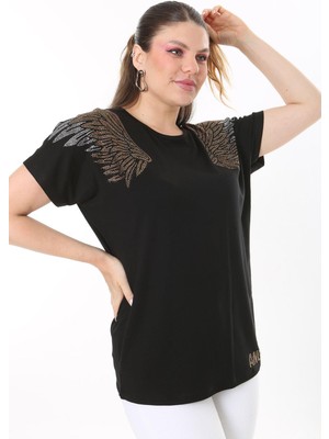 Şans Kadın Büyük Beden Saks Angels Taş Detaylı Kısa Kollu Bluz 65N37675