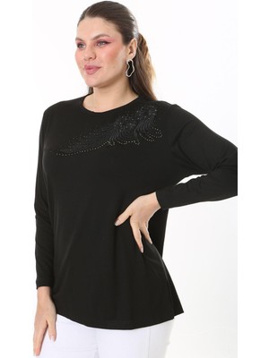 Şans Kadın Büyük Beden Siyah Aplike Dantel Ve Taş Detaylı Uzun Kollu Bluz 65N37688