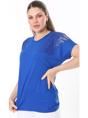 Şans Kadın Büyük Beden Saks Angels Taş Detaylı Kısa Kollu Bluz 65N37675