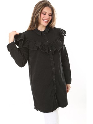 Şans Kadın Büyük Beden Lacivert Volan Detaylı Ön Düğmeli Kot Tunik 65N37891