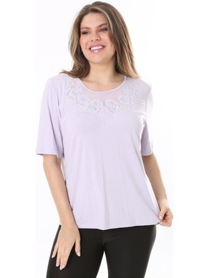 Şans Kadın Büyük Beden Lila Yaka Detaylı Kısa Kollu Bluz 65N37852