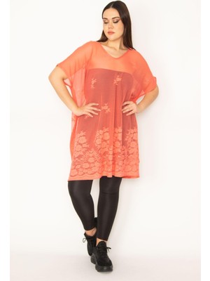 Şans Kadın Büyük Beden Nar Astarsız Dantel Tül Tunik 65N37672