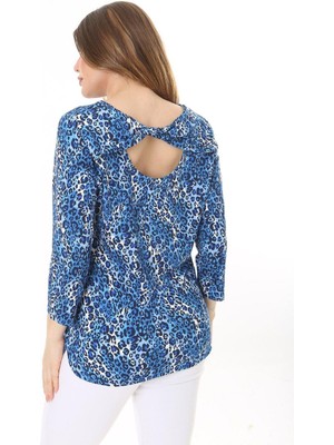 Şans Kadın Büyük Beden Mavi Sırt Detaylı Bisiklet Yakalı Kapri Kollu Bluz 65N37586