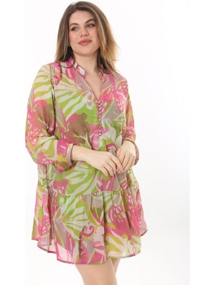 Şans Kadın Büyük Beden Renkli Ön Pat Düğmeli Astarlı Şifon Tunik 65N37620