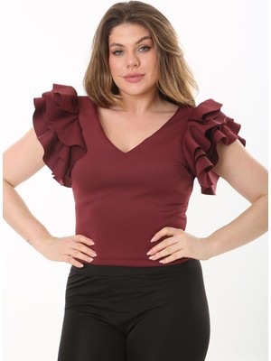 Şans Kadın Büyük Beden Bordo Volan Kollu Arka Gizli Fermuarlı Bluz 65N37533