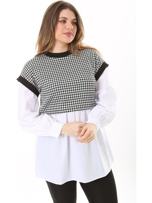 Şans Kadın Büyük Beden Beyaz Kazayağı Ve Poplin Kombinli Tunik 65N37577