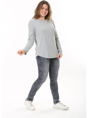 Şans Kadın Büyük Beden Gri Bisiklet Yakalı Kendinden Çizgili Uzun Kollu Bluz 65N37529