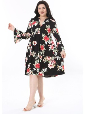 Şans Kadın Büyük Beden Siyah V Yakalı Uzun Kollu Katlı Elbise 65N37944