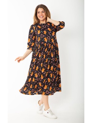 Şans Kadın Büyük Beden Siyah Noel Desenli Belden Büzgülü Kapri Kollu Elbise 65N37427